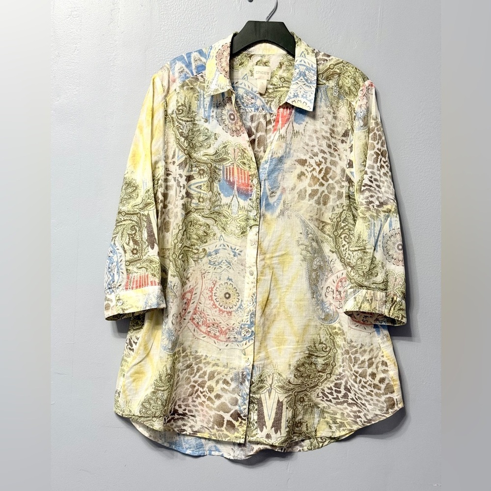 Chico's 100% Cotton Multicolor Patterned Button Down Shirt